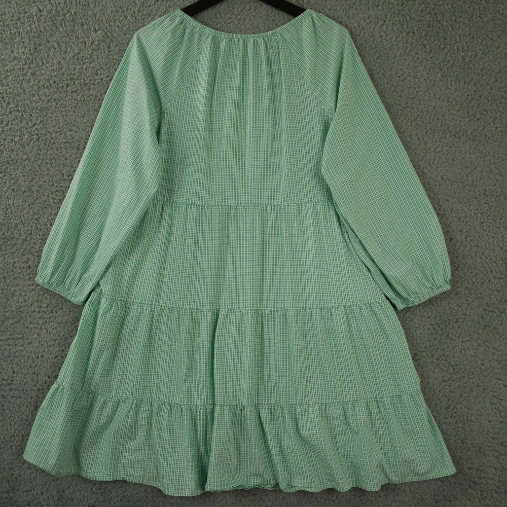 J Crew Dress Womens Large Green Gingham Cotton Blend Poplin Raglan Tiered Mini - Picture 2 of 12